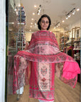 Indian Handloom Traditional Cotton Unstitched Suit Set – Rose Print on White Base with Colour Options | 5m Suit + 2.5m Dupatta | VastraByMonty