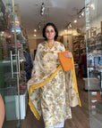 Elegant Cream Floral Printed Suit with chiffon Dupatta