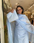 Sky Blue Floral Embroidered Chiffon Dupatta with Striped Border