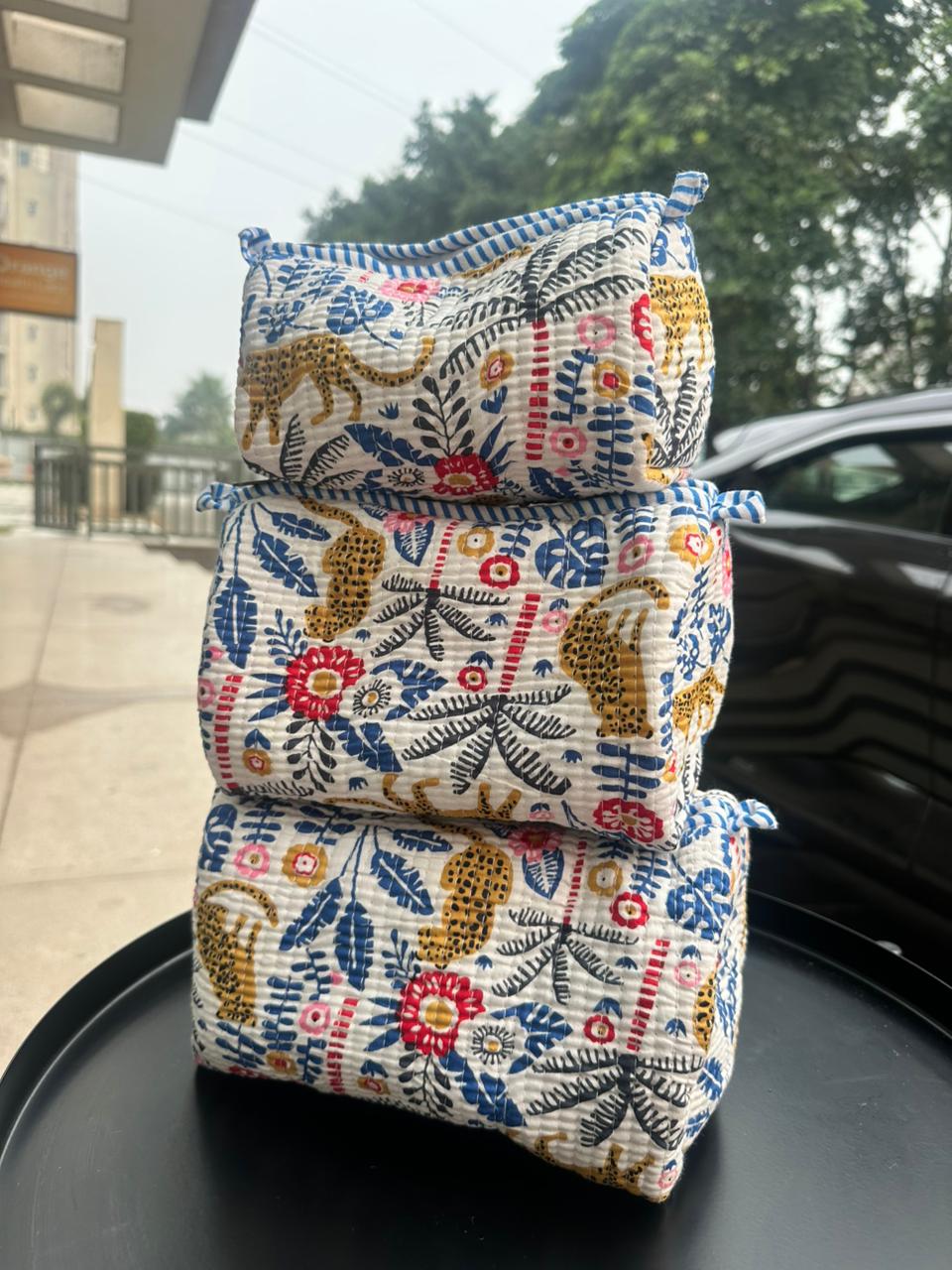 Handblocked-Quilted cotton pouch set OF 3