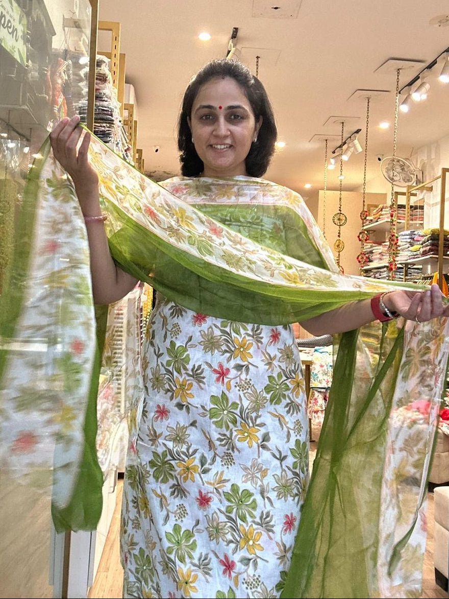 Floral Elegance Cotton Suit Set with Sheer Printed Dupatta