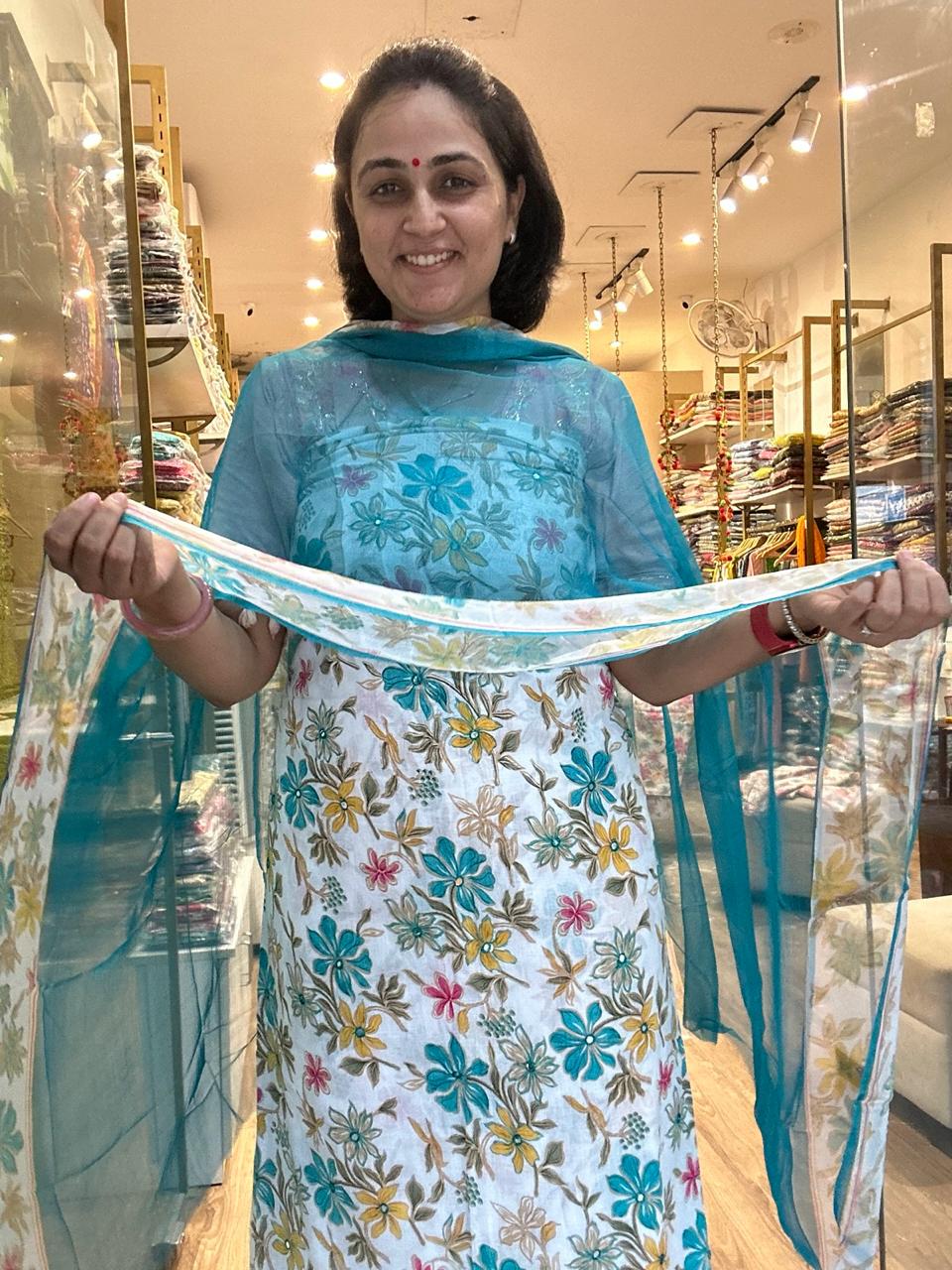 Floral Elegance Cotton Suit Set with Sheer Printed Dupatta