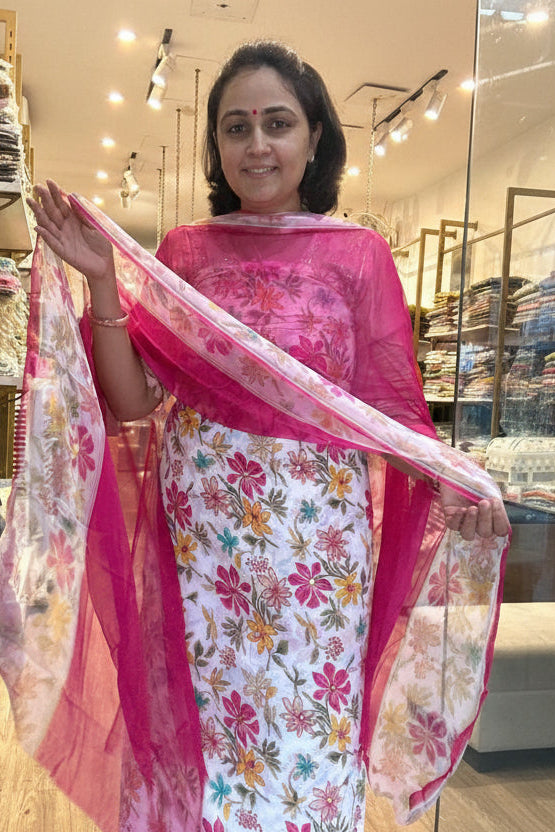 Floral Elegance Cotton Suit Set with Sheer Printed Dupatta