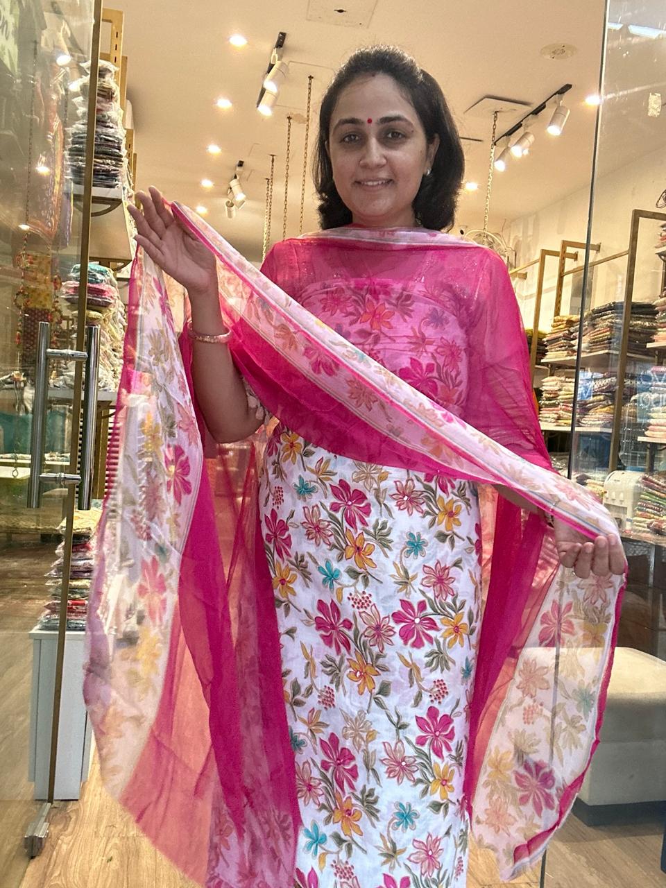 Floral Elegance Cotton Suit Set with Sheer Printed Dupatta