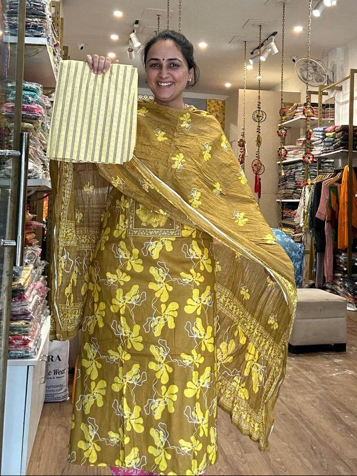 Cotton Suit Set with Floral Kurta &amp; Statement Printed Dupatta