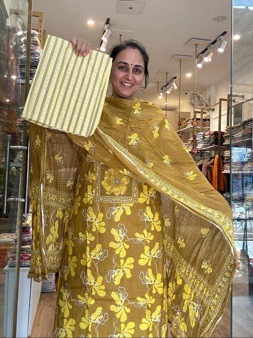 Cotton Suit Set with Floral Kurta &amp; Statement Printed Dupatta