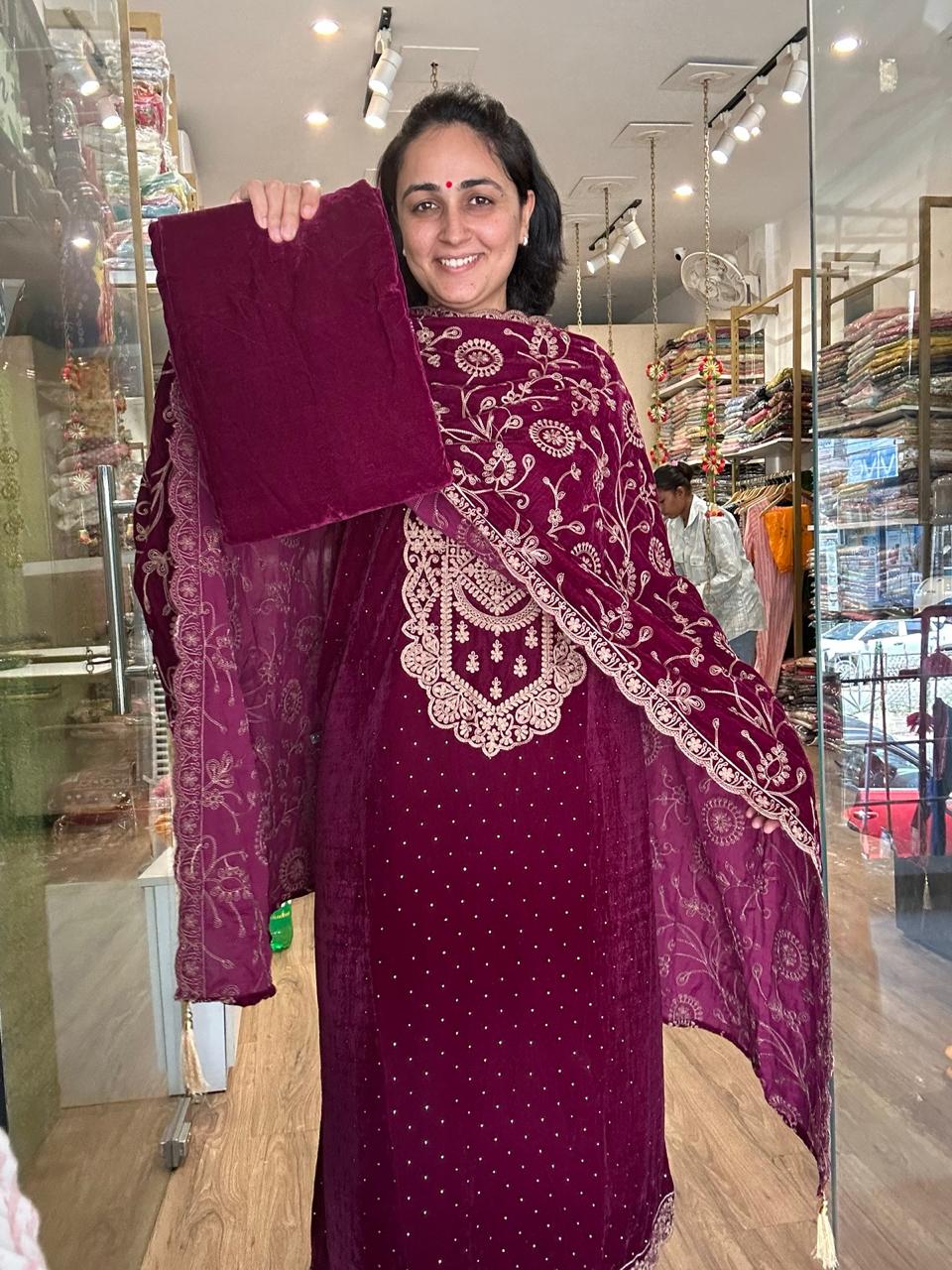 Luxury Velvet Suit Set with Heavy Embroidery &amp; Rhinestone Detailing