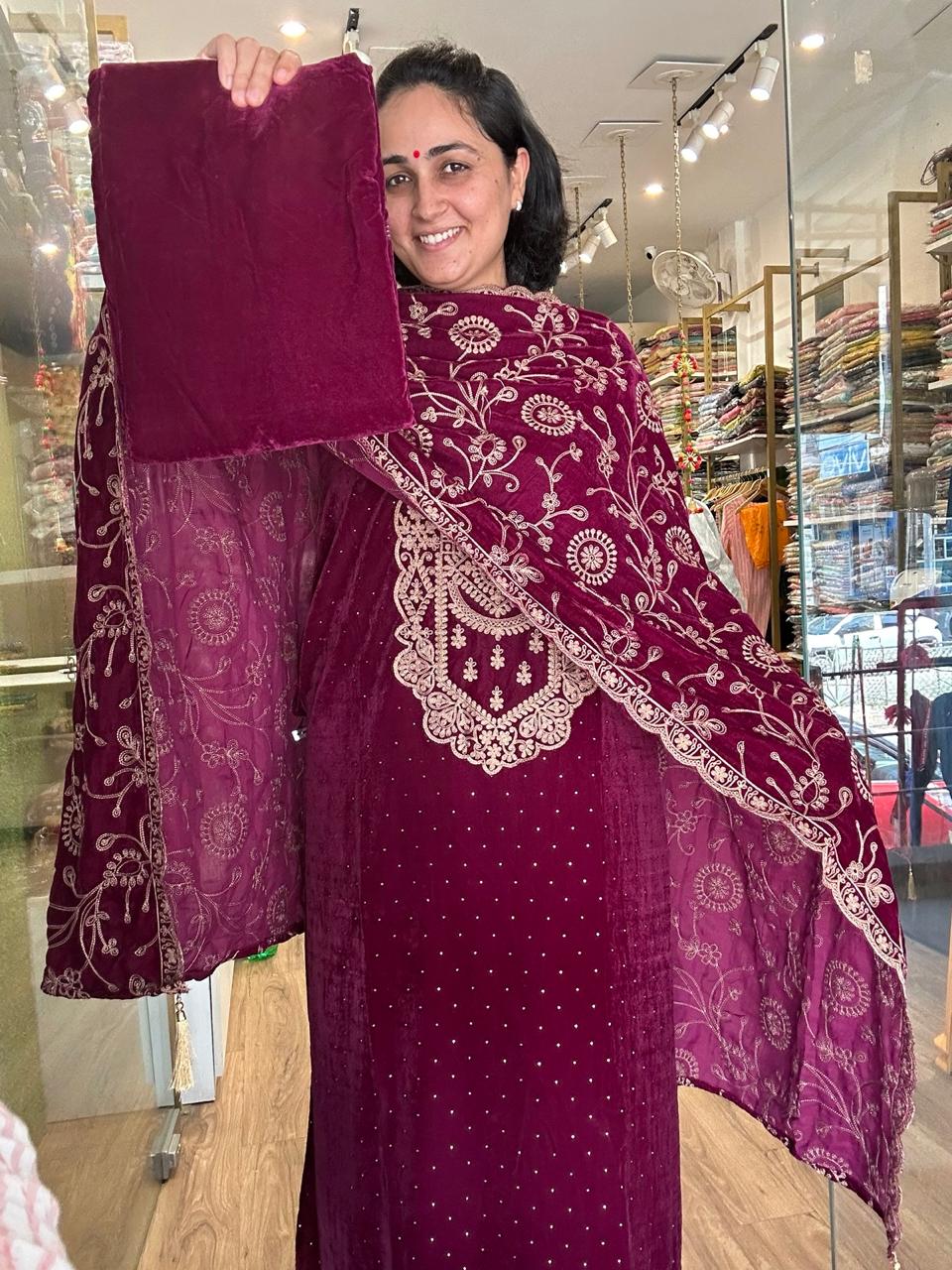 Luxury Velvet Suit Set with Heavy Embroidery &amp; Rhinestone Detailing