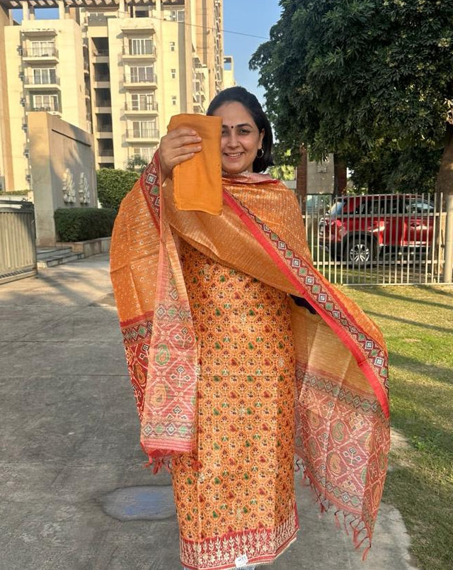 Maheshwari Silk Unstitched Suit Set with Zari Work &amp; Tassel Dupatta