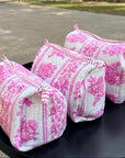 Pink Blossom Hand-Blocked Quilted Cotton Vanity Pouch Set – Set of 3