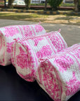 Pink Blossom Hand-Blocked Quilted Cotton Vanity Pouch Set – Set of 3