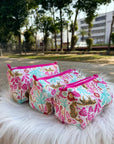 Wild Garden Hand-Blocked Quilted Cotton Vanity Pouch Set – Set of 3