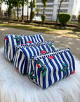 Cherry Stripe Hand-Blocked Quilted Cotton Vanity Pouch Set – Set of 3
