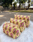 Sunbloom Hand-Blocked Quilted Cotton Vanity Pouch Set – Set of 3