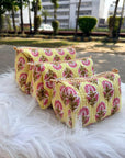 Sunbloom Hand-Blocked Quilted Cotton Vanity Pouch Set – Set of 3