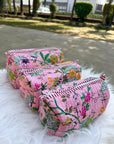 Floral Garden Hand-Blocked Quilted Cotton Vanity Pouch Set – Set of 3