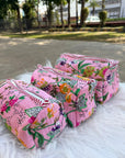 Floral Garden Hand-Blocked Quilted Cotton Vanity Pouch Set – Set of 3