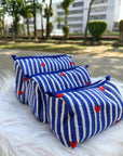 Heartline Stripe Hand-Blocked Quilted Cotton Vanity Pouch Set – Set of 3