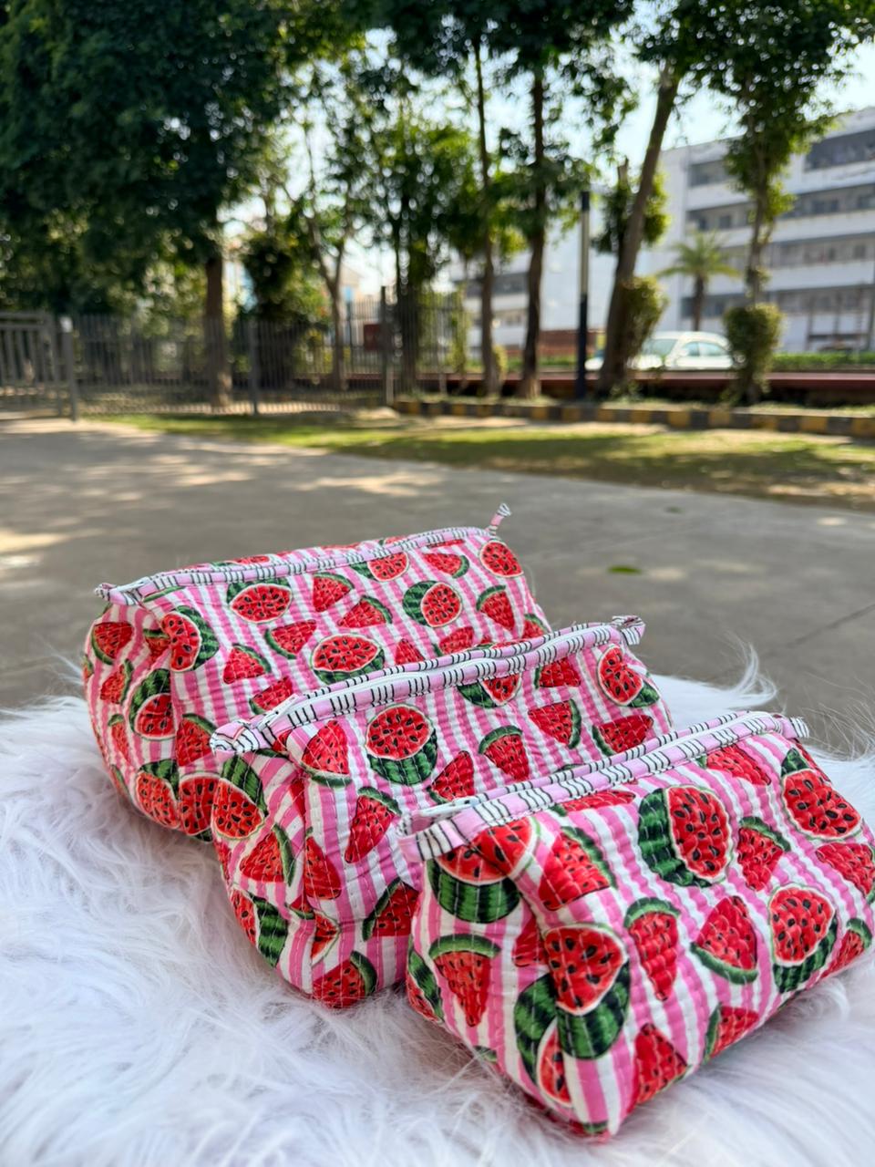 Watermelon Pop Hand-Blocked Quilted Cotton Vanity Pouch Set – Set of 3