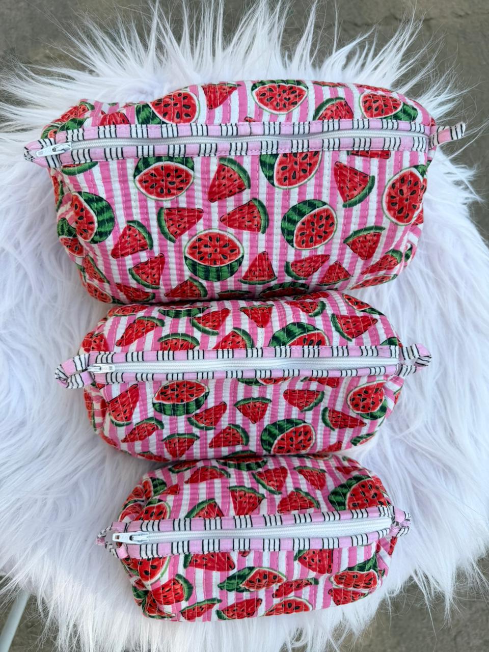 Watermelon Pop Hand-Blocked Quilted Cotton Vanity Pouch Set – Set of 3