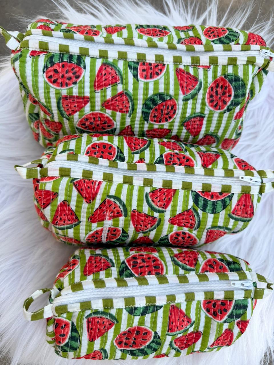 Watermelon Pop Hand-Blocked Quilted Cotton Vanity Pouch Set – Set of 3