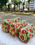 Watermelon Pop Hand-Blocked Quilted Cotton Vanity Pouch Set – Set of 3