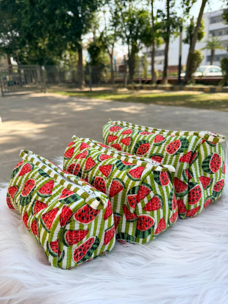 Watermelon Pop Hand-Blocked Quilted Cotton Vanity Pouch Set – Set of 3