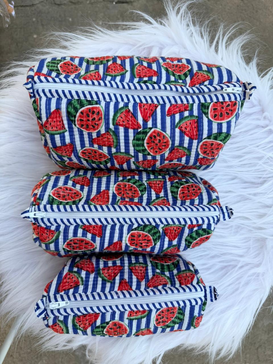 Watermelon Pop Hand-Blocked Quilted Cotton Vanity Pouch Set – Set of 3