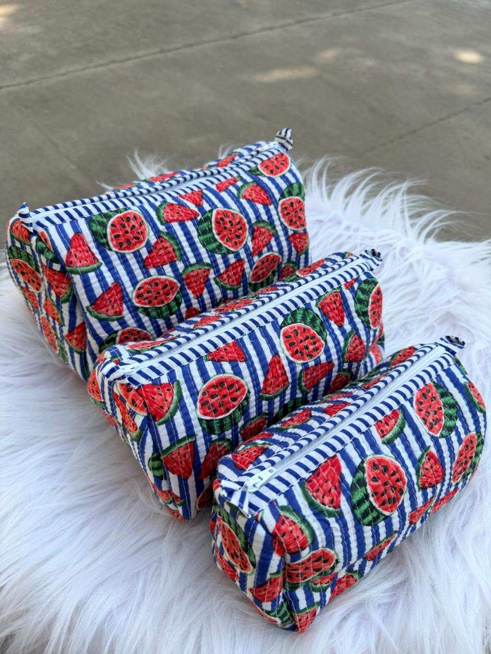 Watermelon Pop Hand-Blocked Quilted Cotton Vanity Pouch Set – Set of 3