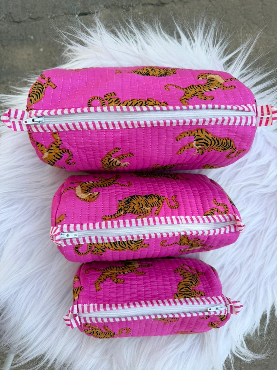 Jungle Roar Hand-Blocked Quilted Cotton Vanity Pouch Set – Set of 3