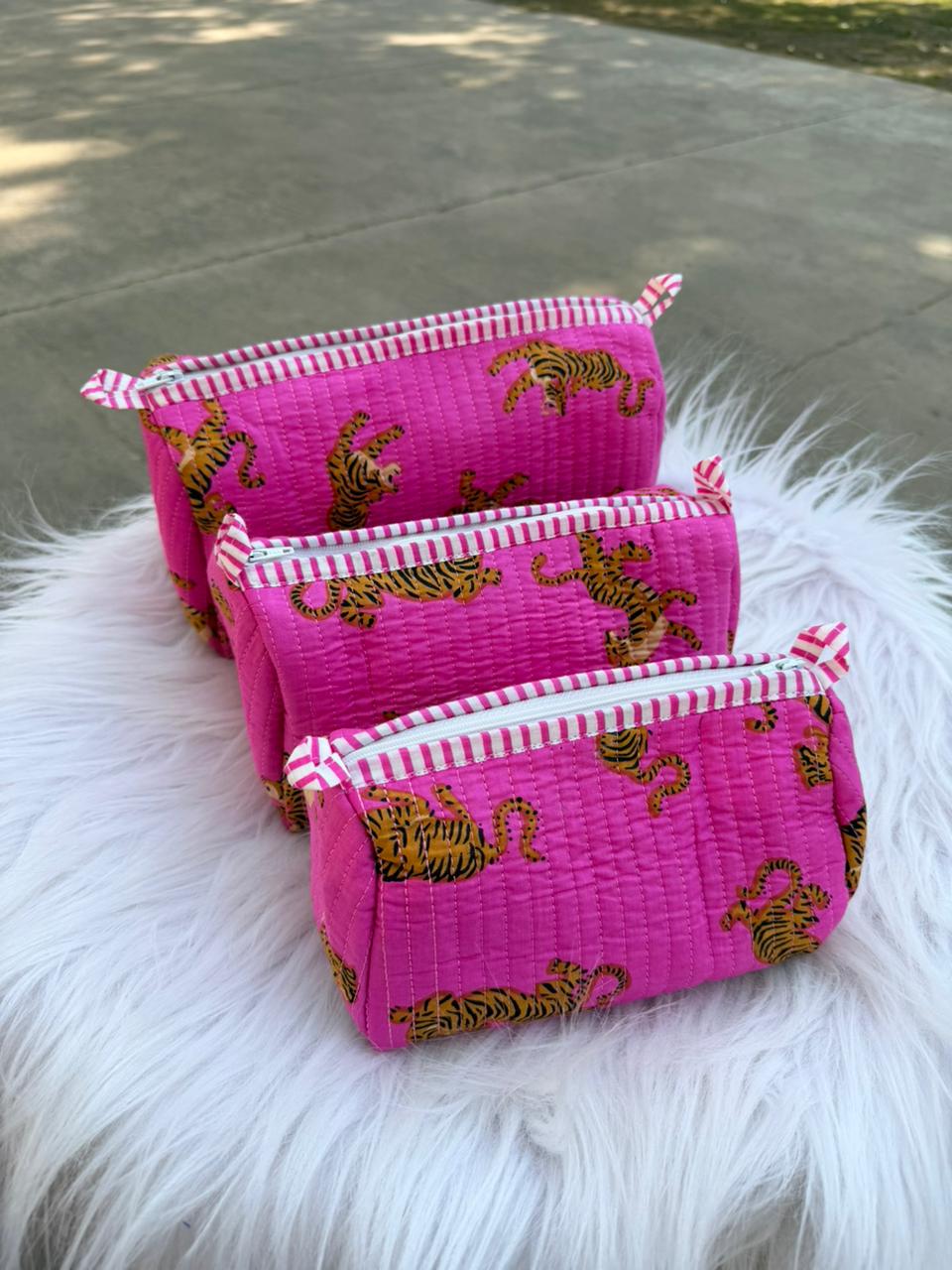 Jungle Roar Hand-Blocked Quilted Cotton Vanity Pouch Set – Set of 3