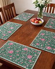 Set of 6 Block print Quilted placemats - Reversible Table mats - 13x19 inches - Green and Pink.