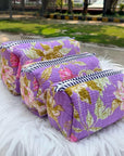 Lavender Bloom Handblocked Quilted Cotton Utility Pouch Set of 3 by Vastra by Monty