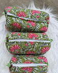 Bloom Garden Handblocked Cotton Quilted Pouch Set of 3