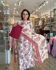Elegant Cream Floral Printed Suit with chiffon Dupatta