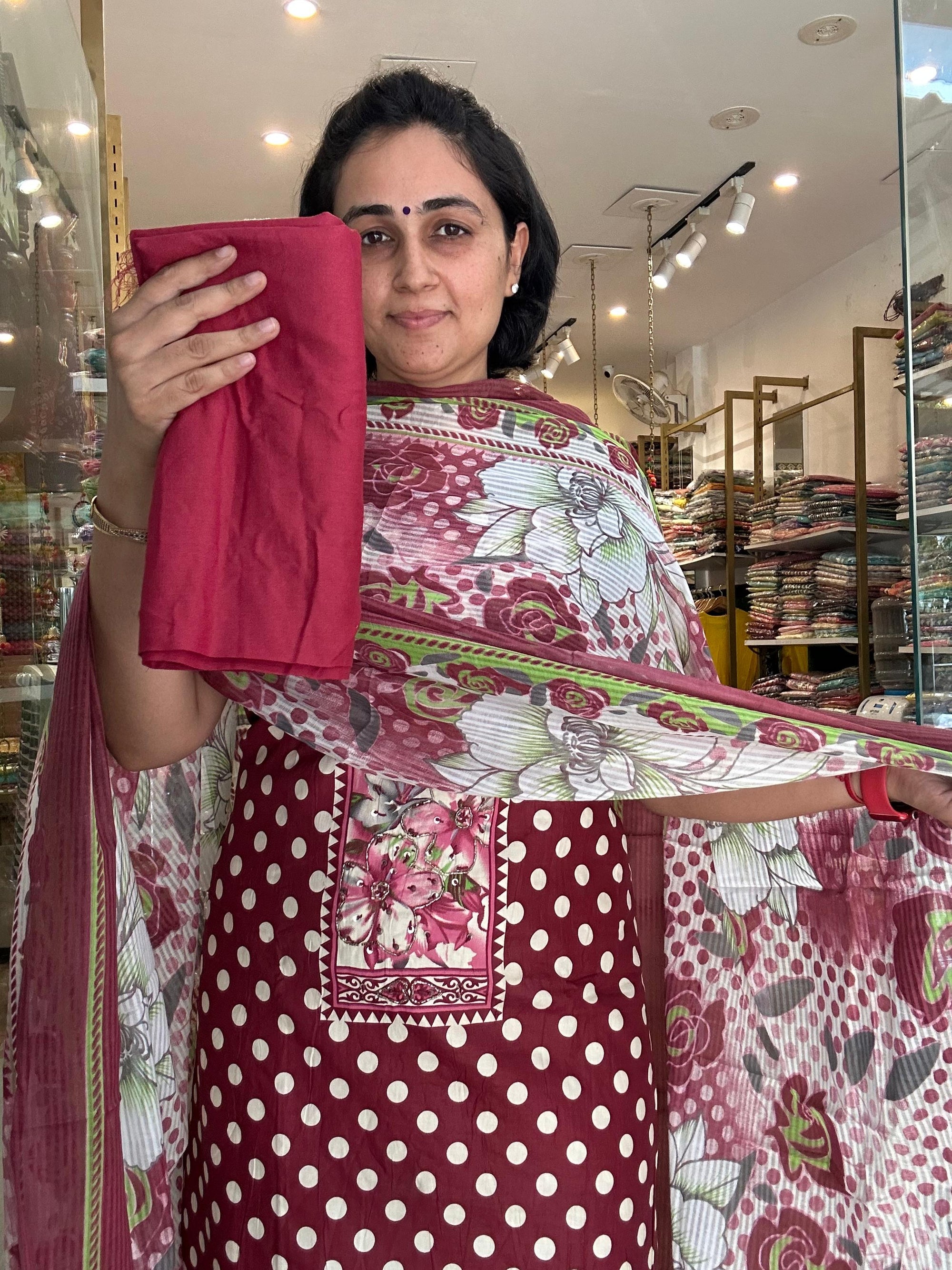Dot Cotton Suit Set with Floral Dupatta