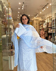 Sky Blue Floral Embroidered Chiffon Dupatta with Striped Border