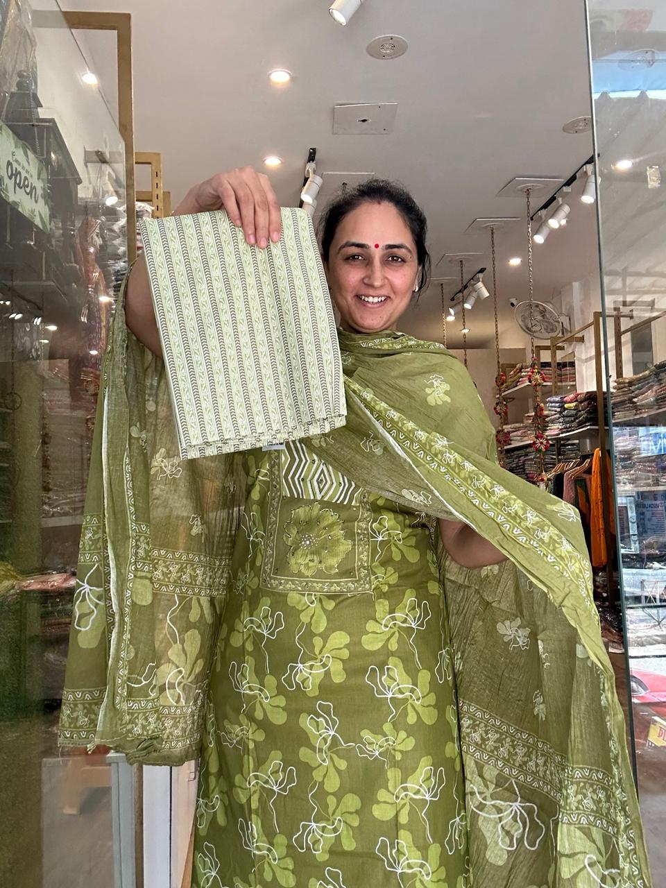 Cotton Suit Set with Floral Kurta &amp; Statement Printed Dupatta