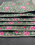 Set of 6 Block print Quilted placemats - Reversible Table mats - 13x19 inches - Green and Pink.