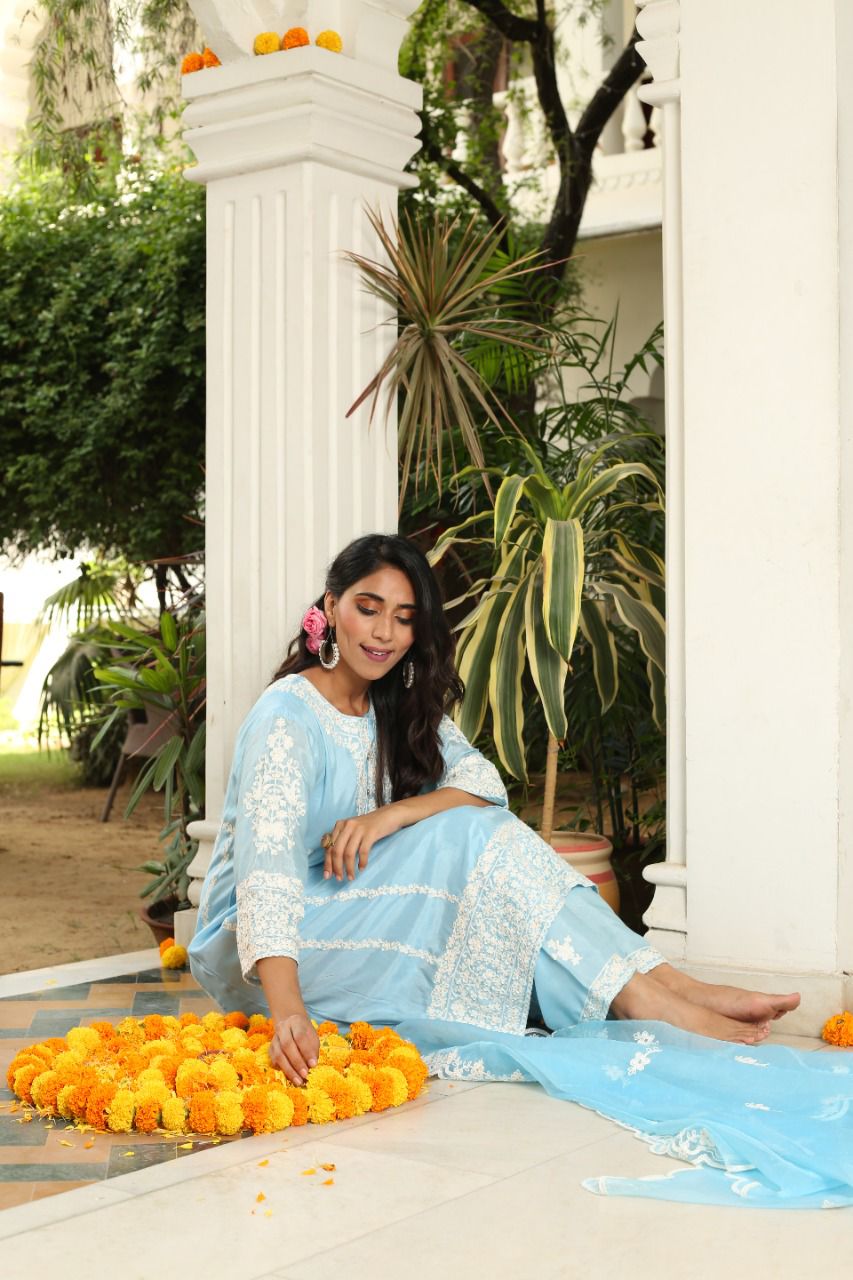 Paradise On Blue and Pink Dupatta Suit Set by Vastra by Monty
