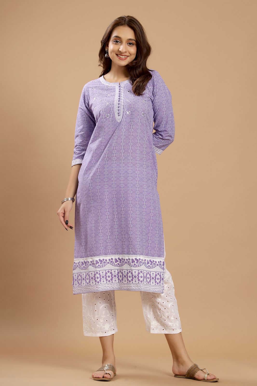 Graceful Harmony - Lavender, Pink, and Grey Cotton Suit Set by Vastra by Monty