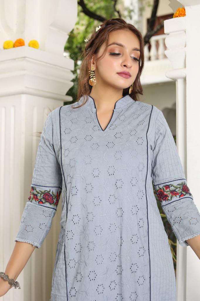 Ethereal Daisies - White, Grey, and Yellow Chikankari Dupatta Set by Vastra by Monty