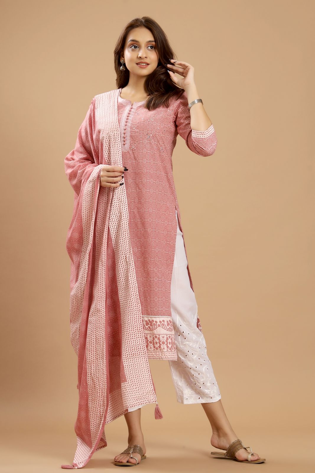 Graceful Harmony - Lavender, Pink, and Grey Cotton Suit Set by Vastra by Monty