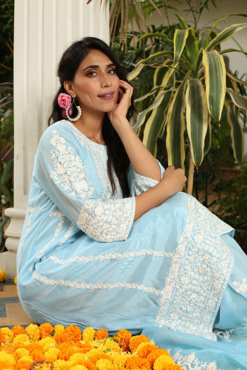 Paradise On Blue and Pink Dupatta Suit Set by Vastra by Monty