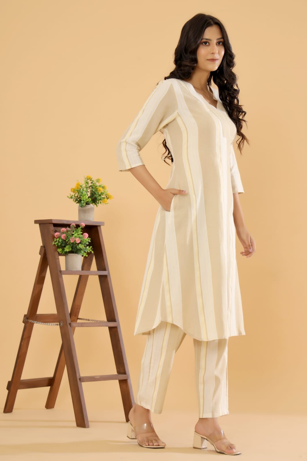 Earthy Elegance - Beige Cotton Stripes Printed Co-ord Set by Vastra by Monty