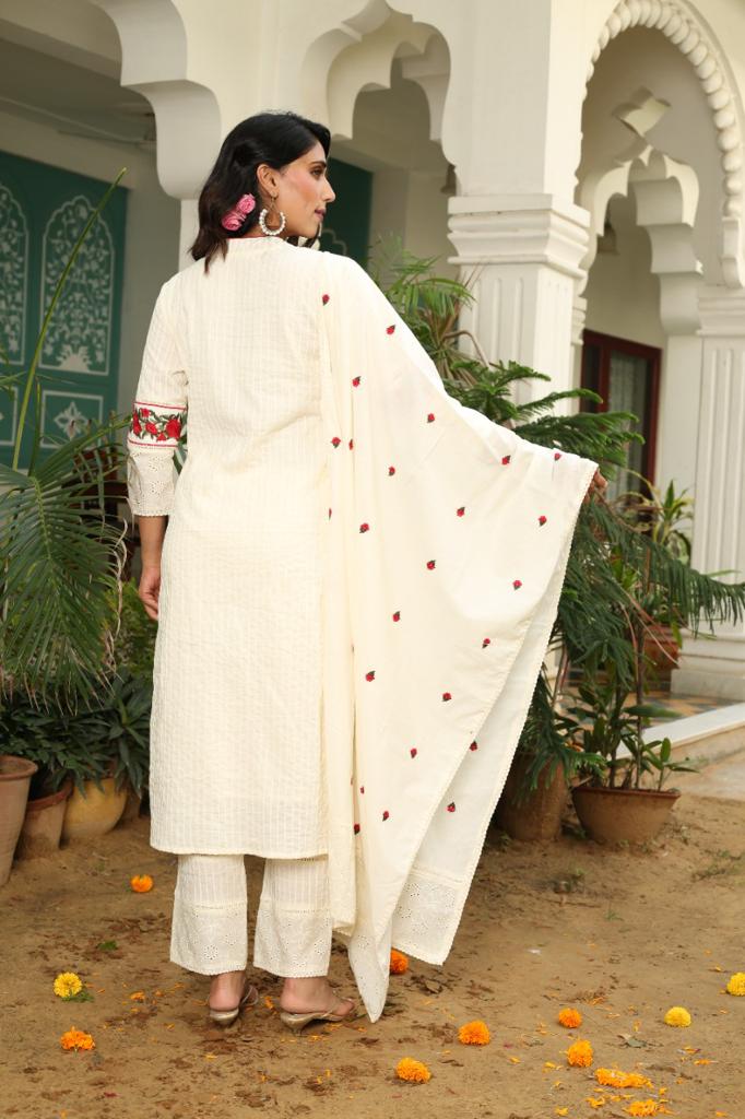 Ethereal Daisies - White, Grey, and Yellow Chikankari Dupatta Set by Vastra by Monty