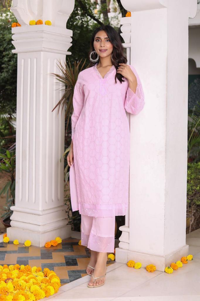 Blossoming Pearls - Pink and Blue Kurta Set by Vastra by Monty