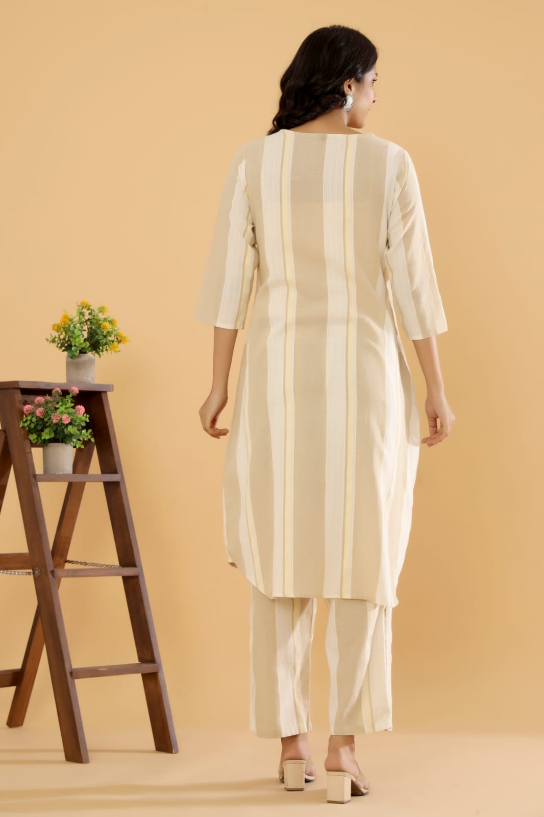 Earthy Elegance - Beige Cotton Stripes Printed Co-ord Set by Vastra by Monty