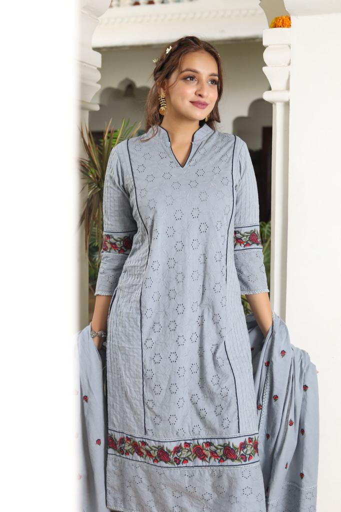 Ethereal Daisies - White, Grey, and Yellow Chikankari Dupatta Set by Vastra by Monty