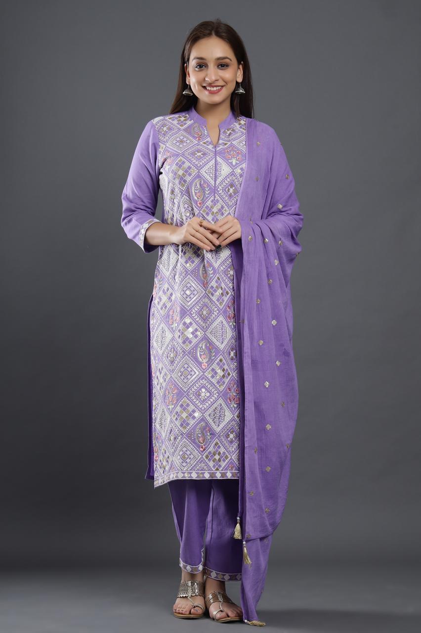 Elegant White, Blue, and Purple Embroidered Suit | Handcrafted by Vastrabymonty | From Jaipur, Rajasthan